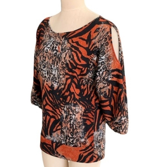 Susan Lawrence Knit Blouse Multicolor Abstract Animal Print Sz M  BOHO #245G - Picture 2 of 6